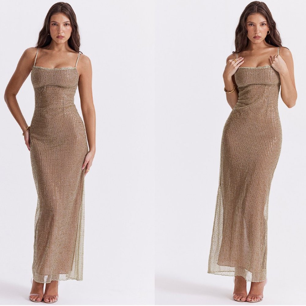 LIMITED EDITION House of CB 'Alondra' Cafe Au Lait Beaded Maxi Dress NWOT - Picture 3 of 13
